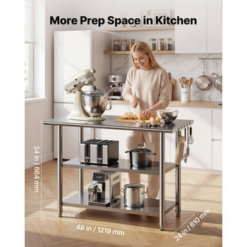 Stainless Steel Work Table, 24x48 Inch Food Prep Table with 2 Shelves, Commercial Kitchen Workstation, Metal Heavy Duty Utility Worktable, for Restaurant Home Hotel Garage Outdoor