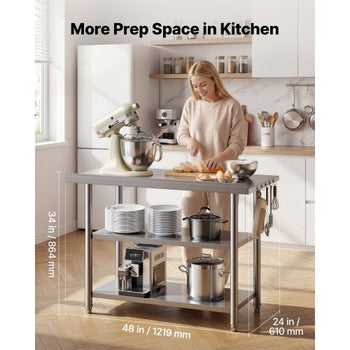 Stainless Steel Work Table, 24x48 Inch Food Prep Table with 2 Shelves and Backsplash, Commercial Kitchen Workstation, Metal Heavy Duty Utility Worktable, for Restaurant Home Hotel Garage Outdoor