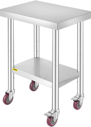 Stainless Steel Work Table 24 x 18 x 34 Inch, 700 LBS Load Capacity with 4 Wheels, 3 Adjustable Height Levels, Heavy Duty Food Prep Worktable for Commercial Kitchen Restaurant, Silver