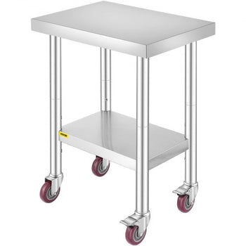Stainless Steel Work Table 24 x 18 x 34 Inch, 700 LBS Load Capacity with 4 Wheels, 3 Adjustable Height Levels, Heavy Duty Food Prep Worktable for Commercial Kitchen Restaurant, Silver