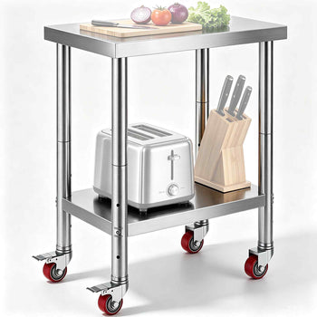 Stainless Steel Work Table 24 x 18 x 34 Inch, 700 LBS Load Capacity with 4 Wheels, 3 Adjustable Height Levels, Heavy Duty Food Prep Worktable for Commercial Kitchen Restaurant, Silver
