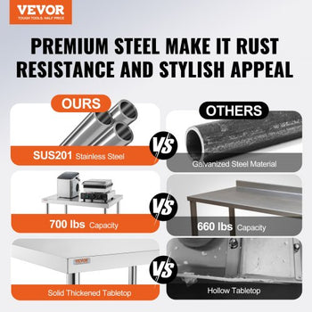 Stainless Steel Work Table 30 x 12 x 34 Inch, 700 LBS Load Capacity with 4 Wheels, 3 Adjustable Height Levels, Heavy Duty Food Prep Worktable for Commercial Kitchen Restaurant, Silver