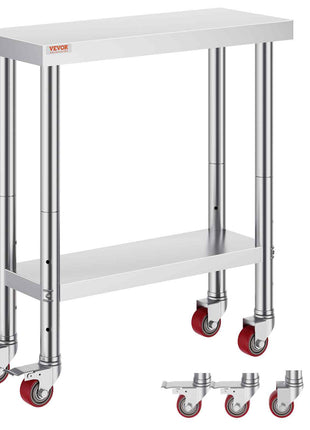 Stainless Steel Work Table 30 x 12 x 34 Inch, 700 LBS Load Capacity with 4 Wheels, 3 Adjustable Height Levels, Heavy Duty Food Prep Worktable for Commercial Kitchen Restaurant, Silver