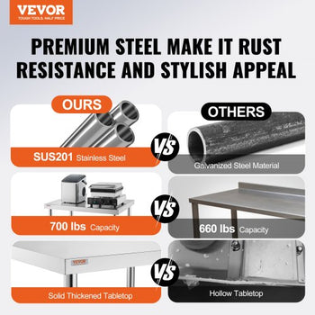 Stainless Steel Work Table 30 x 18 x 34 Inch, 700 LBS Load Capacity with 4 Wheels, 3 Adjustable Height Levels, Heavy Duty Food Prep Worktable for Commercial Kitchen Restaurant, Silver
