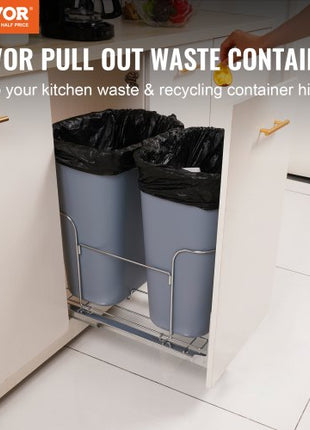 Pull-Out Trash Can, 35Lx2 Double Bins, Under Mount Kitchen Waste Container with Slide and Door Mounting Kit, 110 lbs Load Capacity Heavy Duty Garbage Recycling Bin for Kitchen Cabinet, Sink