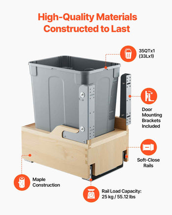 Wood Pullout Trash Can for Kitchen Cabinets, 35 QT Garbage Waste Recycling Bin, Under Mount Waste Container, with Heavy Duty Metal Soft Close Sliding System, Door Kit, for Sink, Under Counter