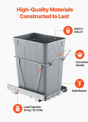 Pullout Trash Can for Kitchen Cabinets, 35 QT Garbage Waste Recycling Bin, Under Mount Waste Container, with Heavy Duty Metal Full Extension Sliding System and Handle, for Sink, Under Counter