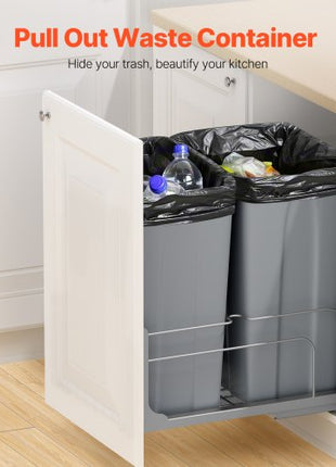 Pull-Out Trash Can, 50 QT x2 Double Under Mount Kitchen Waste Container, Heavy Duty Garbage Recycling Bin with Door Kit and Soft Close Slide, for Kitchen Cabinet, Sink, Under Counter (Grey)