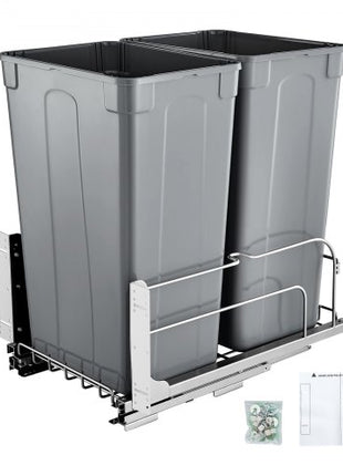 Pull-Out Trash Can, 50 QT x2 Double Under Mount Kitchen Waste Container, Heavy Duty Garbage Recycling Bin with Door Kit and Soft Close Slide, for Kitchen Cabinet, Sink, Under Counter (Grey)