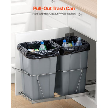 Pullout Trash Can for Kitchen Cabinets, 27QTx2 Double Under Sink Garbage Waste Recycling Bin, Under Mount Waste Container, with Heavy Duty Metal Full Extension Sliding System and Handle