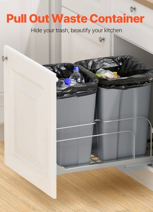 Pull-Out Trash Can, 27 QT x2 Double Under Mount Kitchen Waste Container, Heavy Duty Garbage Recycling Bin with Door Kit and Soft Close Slide, for Kitchen Cabinet, Sink, Under Counter (Grey)