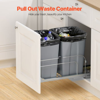 Pull-Out Trash Can, 27 QT x2 Double Under Mount Kitchen Waste Container, Heavy Duty Garbage Recycling Bin with Door Kit and Soft Close Slide, for Kitchen Cabinet, Sink, Under Counter (Grey)