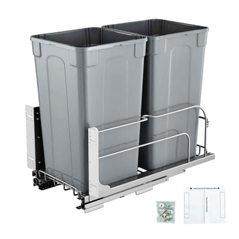 Pull-Out Trash Can, 27 QT x2 Double Under Mount Kitchen Waste Container, Heavy Duty Garbage Recycling Bin with Door Kit and Soft Close Slide, for Kitchen Cabinet, Sink, Under Counter (Grey)