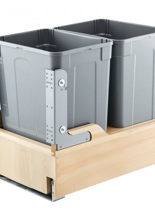 Wood Pullout Trash Can for Kitchen Cabinets, 35 QT x2 Double Under Sink Garbage Waste Recycling Bin, Under Mount Waste Container, with Heavy Duty Metal Soft Close Sliding System and Door Kit