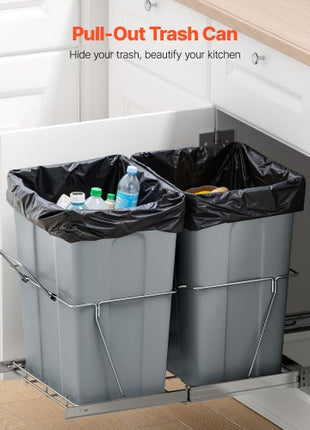 Pullout Trash Can for Kitchen Cabinets, 35 QT x2 Double Under Sink Garbage Waste Recycling Bin, Under Mount Waste Container, with Heavy Duty Metal Full Extension Sliding System and Handle