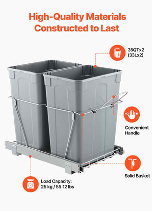 Pullout Trash Can for Kitchen Cabinets, 35 QT x2 Double Under Sink Garbage Waste Recycling Bin, Under Mount Waste Container, with Heavy Duty Metal Full Extension Sliding System and Handle