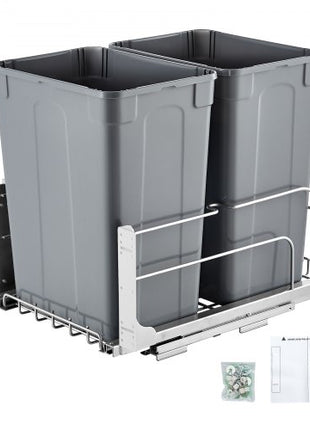 Pull-Out Trash Can, 35 QT x2 Double Under Mount Kitchen Waste Container, Heavy Duty Garbage Recycling Bin with Door Kit and Soft Close Slide, for Kitchen Cabinet, Sink, Under Counter (Grey)