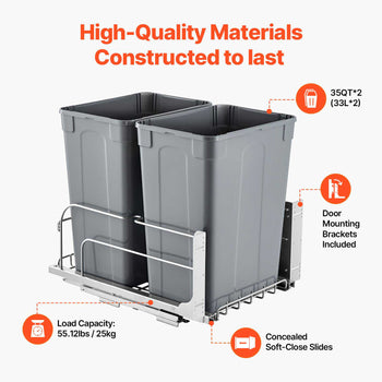 Pull-Out Trash Can, 35 QT x2 Double Under Mount Kitchen Waste Container, Heavy Duty Garbage Recycling Bin with Door Kit and Soft Close Slide, for Kitchen Cabinet, Sink, Under Counter (Grey)