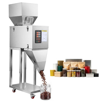Powder Filling Machine, 10-999g (0.02-2.2lbs) Automatic Particle Dispenser, Stainless Steel, Intelligent Weighing Dispensing Filler with Foot Pedal, for Coffee Beans, Grains, Tea, Spices, Silver