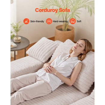 82.7-Inch Oversized Double Chaise Lounge, Corduroy Fabric Sectional Sofa, Cozy Deep Seat Loveseat Sofa with Soft Cushions and Throw Pillows for Living Room Bedroom, No Assembly Required, Beige