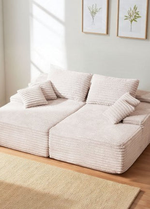 82.7-Inch Oversized Double Chaise Lounge, Corduroy Fabric Sectional Sofa, Cozy Deep Seat Loveseat Sofa with Soft Cushions and Throw Pillows for Living Room Bedroom, No Assembly Required, Beige