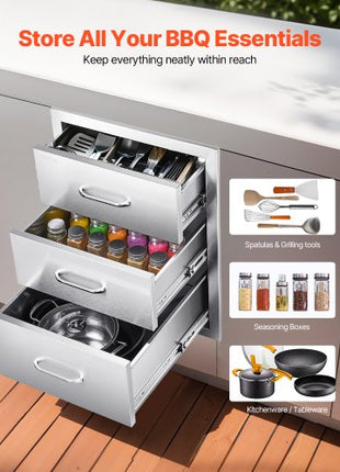 Outdoor Kitchen Drawers 18.11"W x 23.23"D x 23.23"H, Triple-Access Stainless Steel BBQ Drawers with Handles, BBQ Island Drawer for Outdoor Kitchens or Barbeque Island Patio Grill Station