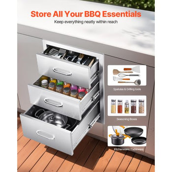 Outdoor Kitchen Drawers 18.11"W x 23.23"D x 23.23"H, Triple-Access Stainless Steel BBQ Drawers with Handles, BBQ Island Drawer for Outdoor Kitchens or Barbeque Island Patio Grill Station