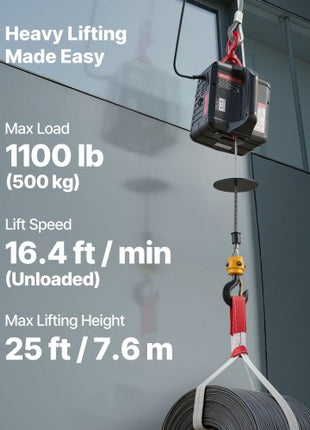 2-in-1 Electric Hoist Winch, 1100 lbs Capacity, 1500W Portable Power Winch Crane, 25 ft Lifting Height, 16.4 ft/min with Manual and Wireless Remote Control for Factory, Warehouss, Garage