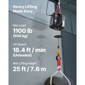 2-in-1 Electric Hoist Winch, 1100 lbs Capacity, 1500W Portable Power Winch Crane, 25 ft Lifting Height, 16.4 ft/min with Manual and Wireless Remote Control for Factory, Warehouss, Garage