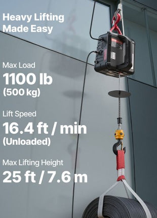 2-in-1 Electric Hoist Winch, 1100 lbs Capacity, 1500W Portable Power Winch Crane, 25 ft Lifting Height, 16.4 ft/min with Manual and Wired Remote Control for Factory, Warehouss, Garage