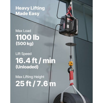2-in-1 Electric Hoist Winch, 1100 lbs Capacity, 1500W Portable Power Winch Crane, 25 ft Lifting Height, 16.4 ft/min with Manual and Wired Remote Control for Factory, Warehouss, Garage