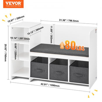 Kids Reading Nook Bench, Toddler Bookshelf and Bookcase with Detachable Seat Cushion, 6-Cubby Storage Organizer Bench with 3 Drawers, Ideal for Playroom, Bedroom, Living Room or Entryway, White