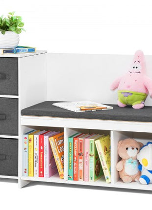 Kids Reading Nook Bench, Toddler Bookshelf and Bookcase with Detachable Seat Cushion, 6-Cubby Storage Organizer Bench with 3 Drawers, Ideal for Playroom, Bedroom, Living Room or Entryway, White