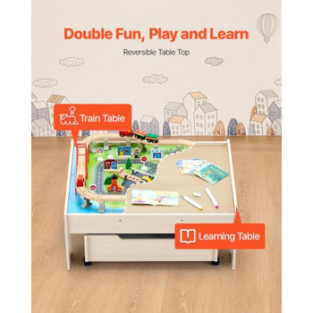 Train Table, 100 Multicolor Pieces Wooden Kids Activity Table with Rolling Storage Drawer, 3-in-1 Wooden Train Set for Gaming, Drawing, Reading, Eating, Creative Toy Set for Kids Ages 3+