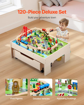 Train Table, 100 Multicolor Pieces Wooden Kids Activity Table with Rolling Storage Drawer, 3-in-1 Wooden Train Set for Gaming, Drawing, Reading, Eating, Creative Toy Set for Kids Ages 3+