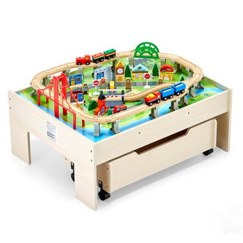 Train Table, 100 Multicolor Pieces Wooden Kids Activity Table with Rolling Storage Drawer, 3-in-1 Wooden Train Set for Gaming, Drawing, Reading, Eating, Creative Toy Set for Kids Ages 3+