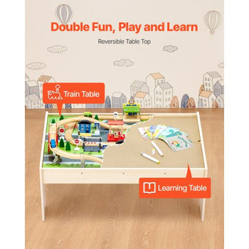 Train Table, 84 Multicolor Pieces Wooden Kids Activity Table with Collapsible Storage Bin, 3-in-1 Wooden Train Set for Gaming, Drawing, Reading, Eating, Creative Toy Set for Kids Ages 3+