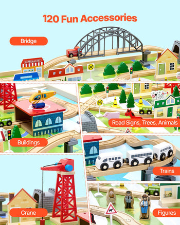 Train Table, 120 Multicolor Pieces Wooden Kids Activity Table with Collapsible Storage Bin, 3-in-1 Wooden Train Set for Gaming, Drawing, Reading, Eating, Creative Toy Set for Kids Ages 3+