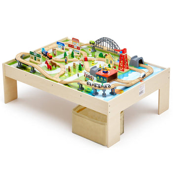 Train Table, 120 Multicolor Pieces Wooden Kids Activity Table with Collapsible Storage Bin, 3-in-1 Wooden Train Set for Gaming, Drawing, Reading, Eating, Creative Toy Set for Kids Ages 3+