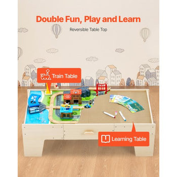 Train Table, 62 Multicolor Pieces Wooden Kids Activity Table with Large Storage Drawer, 3-in-1 Wooden Train Set for Playing, Drawing, Reading, Eating, Creative Toy Set for Kids Ages 3+