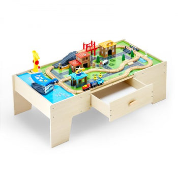 Train Table, 62 Multicolor Pieces Wooden Kids Activity Table with Large Storage Drawer, 3-in-1 Wooden Train Set for Playing, Drawing, Reading, Eating, Creative Toy Set for Kids Ages 3+