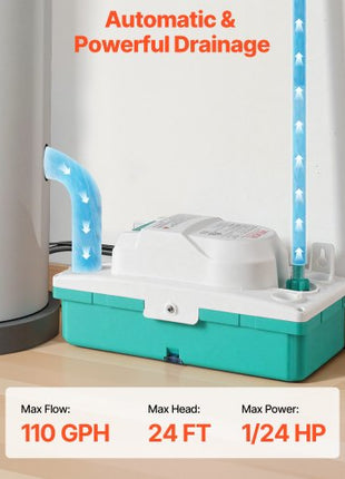 Condensate Pump, 1/24 HP, 110 GPH, 24 ft Lift, 100-240V Automatic AC Condensation Removal Pump with Safety Switch & 20 ft Tubing, for Air Conditioner, Dehumidifier, HVAC, Furnace, Ice Maker