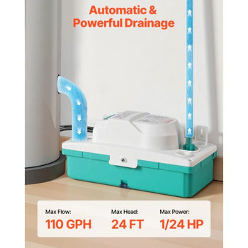 Condensate Pump, 1/24 HP, 110 GPH, 24 ft Lift, 100-240V Automatic AC Condensation Removal Pump with Safety Switch & 20 ft Tubing, for Air Conditioner, Dehumidifier, HVAC, Furnace, Ice Maker