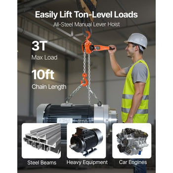 Manual Lever Chain Hoist, 3T 6600LBS Capacity Heavy Duty Come Along, 10FT Lift G80 Alloy Steel Chain With Dual Pawl Mechanical Brake,360°Rotating Hooks, for Warehouse Construction Garage