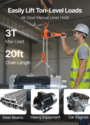 Manual Lever Chain Hoist, 3T 6600LBS Capacity Heavy Duty Come Along, 20FT Lift G80 Alloy Steel Chain With Dual Pawl Mechanical Brake,360°Rotating Hooks, for Warehouse Construction Garage