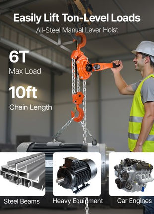 Manual Lever Chain Hoist, 6T 13200LBS Capacity Heavy Duty Come Along, 10FT Lift G80 Alloy Steel Chain With Dual Pawl Mechanical Brake,360°Rotating Hooks, for Warehouse Construction Garage