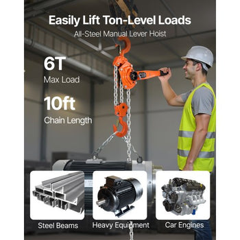 Manual Lever Chain Hoist, 6T 13200LBS Capacity Heavy Duty Come Along, 10FT Lift G80 Alloy Steel Chain With Dual Pawl Mechanical Brake,360°Rotating Hooks, for Warehouse Construction Garage