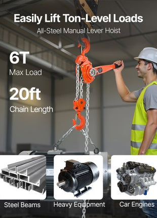 Manual Lever Chain Hoist, 6T 13200LBS Capacity Heavy Duty Come Along, 20FT Lift G80 Alloy Steel Chain With Dual Pawl Mechanical Brake,360°Rotating Hooks, for Warehouse Construction Garage