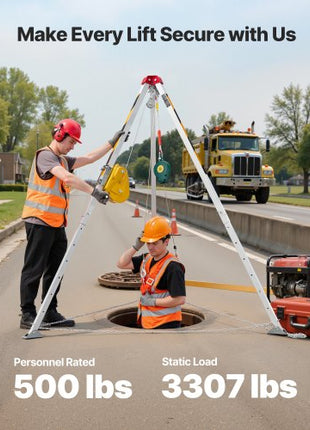 Confined Space Tripod Kit, Heavy Duty Rescue Tripod Lifting Hoist 2600 lbs Winch, 4.76 ft Adjustable Legs, 98.5 ft Cable Portable Kit, 32.8 ft Fall Protection, 5.25-8.04 ft Working Height