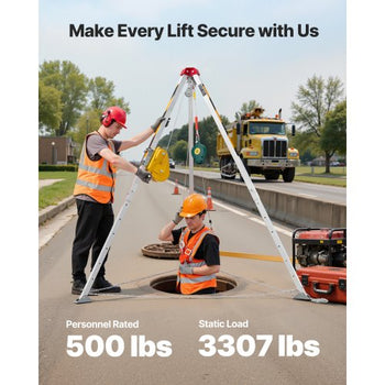Confined Space Tripod Kit, Heavy Duty Rescue Tripod Lifting Hoist 2600 lbs Winch, 4.76 ft Adjustable Legs, 98.5 ft Cable Portable Kit, 32.8 ft Fall Protection, 5.25-8.04 ft Working Height